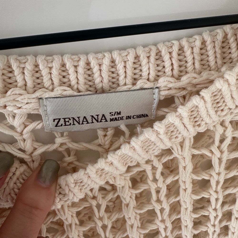 Zenana Cream 💯 Cotton Open Knit Crochet Short Sleeve Sweater - Picture 4 of 5